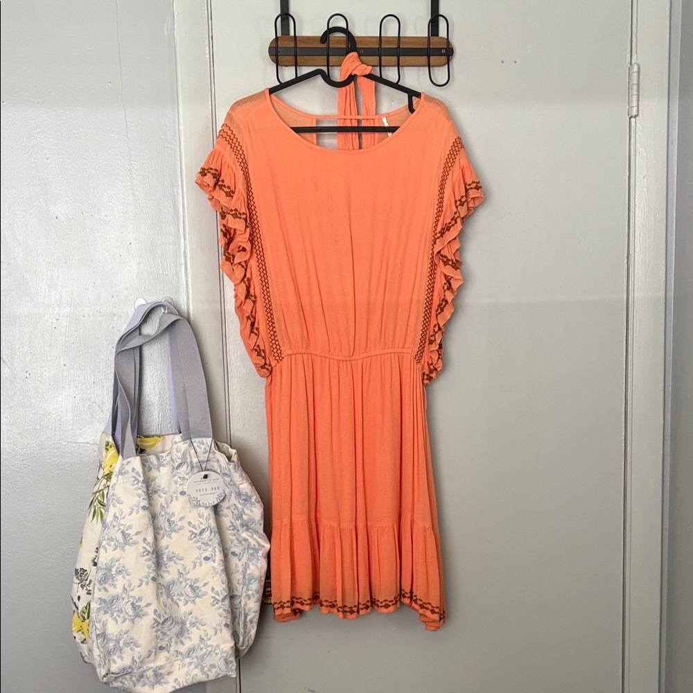 Free People Coral Orange Ruffle Sleeve Mini Dress